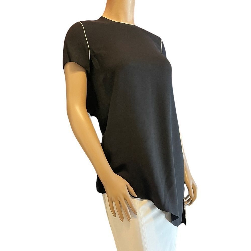 Lafayette 148 Silk Tunic Top Asymmetrical Black with White Piping